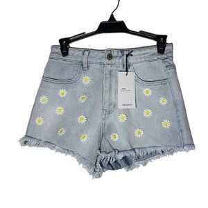 NWT Forever 21 Sunflower Embellished Fray Hem Cutoff Denim Blue Jean Shorts 25